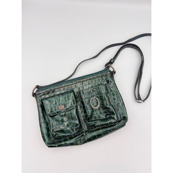 Brighton Womens Green Cher Croc Embossed Patent Leather Crossbody Bag Purse - Picture 1 of 8